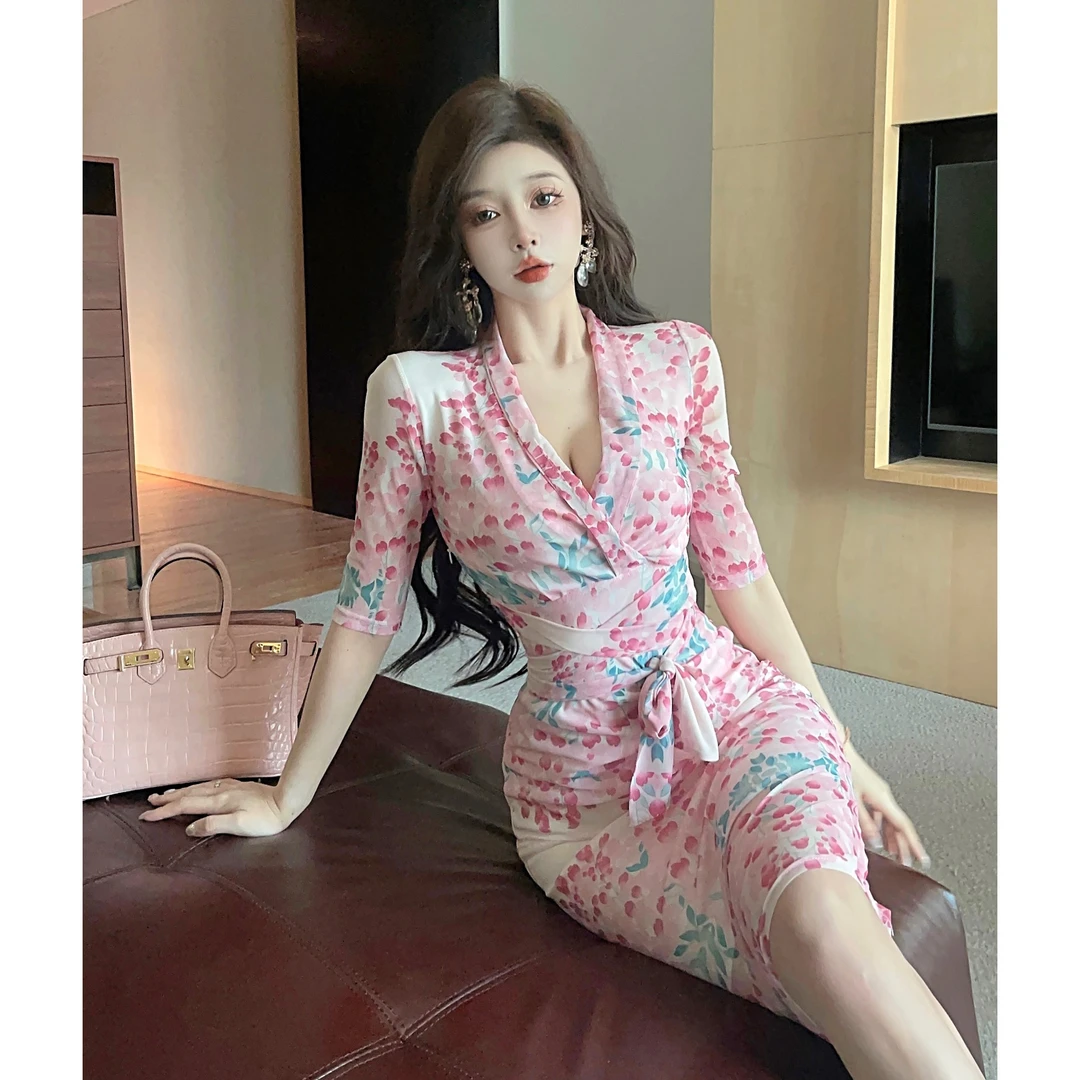 时尚性感名媛风印花连衣裙收腰绑带气质高腰网纱显瘦包臀茶歇裙子