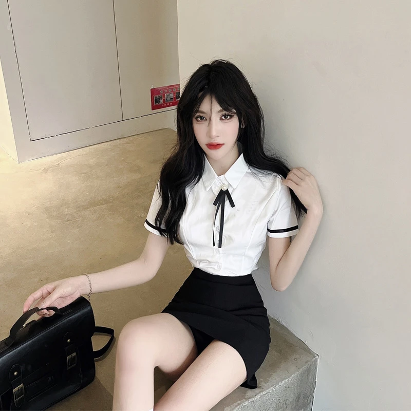 夏季jk制服套装纯欲白衬衫上衣女短袖衬衣包臀裙职业工作服两件套