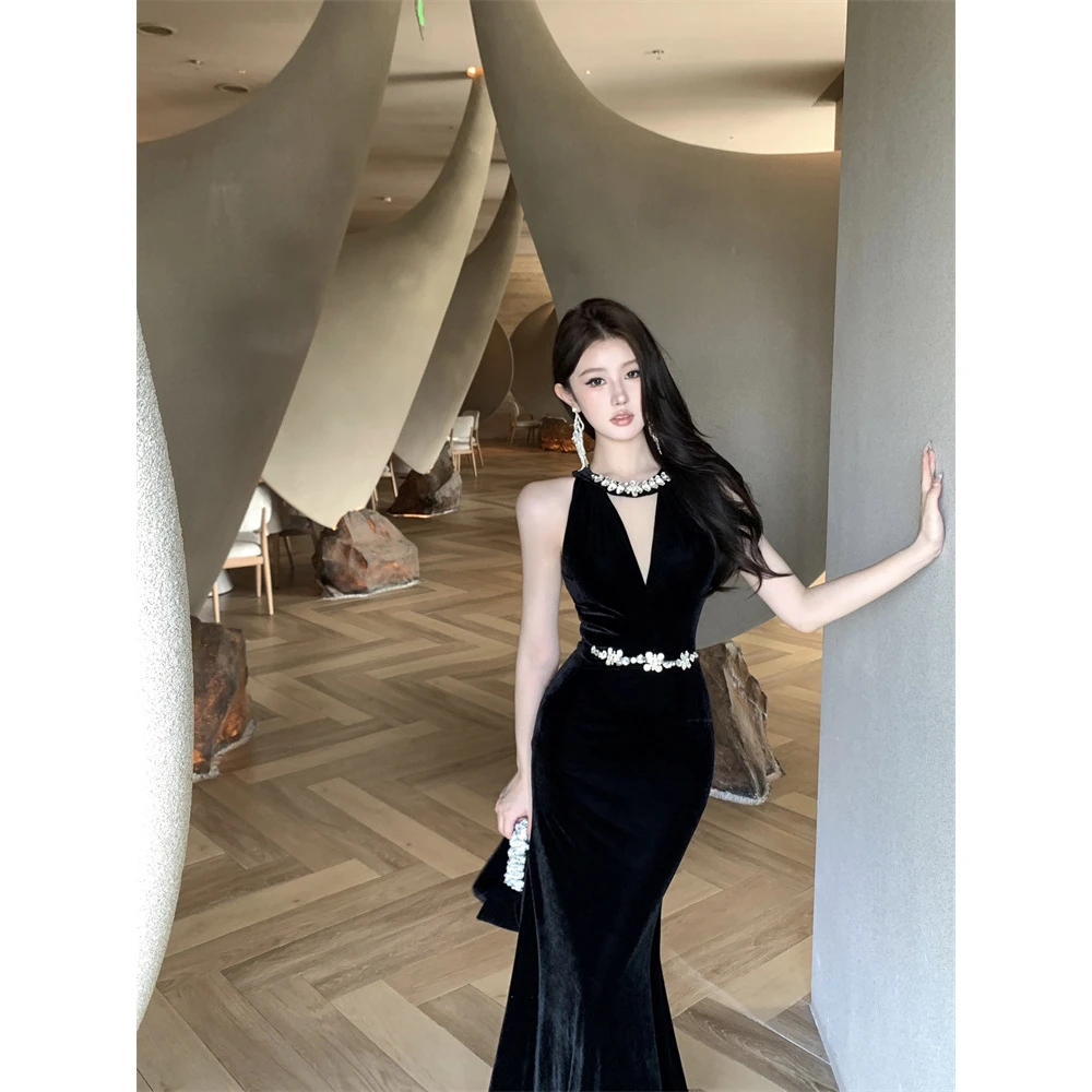 法式气质别致绝美重工手工钉钻丝绒性感修身显瘦礼服连衣裙长款女