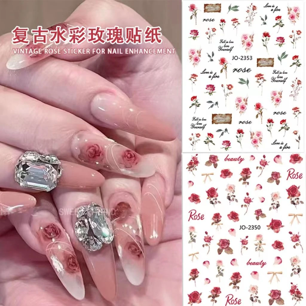 美甲贴纸水彩玫瑰半透晕染磨砂花朵欧式贵族花纹指甲装饰品贴花