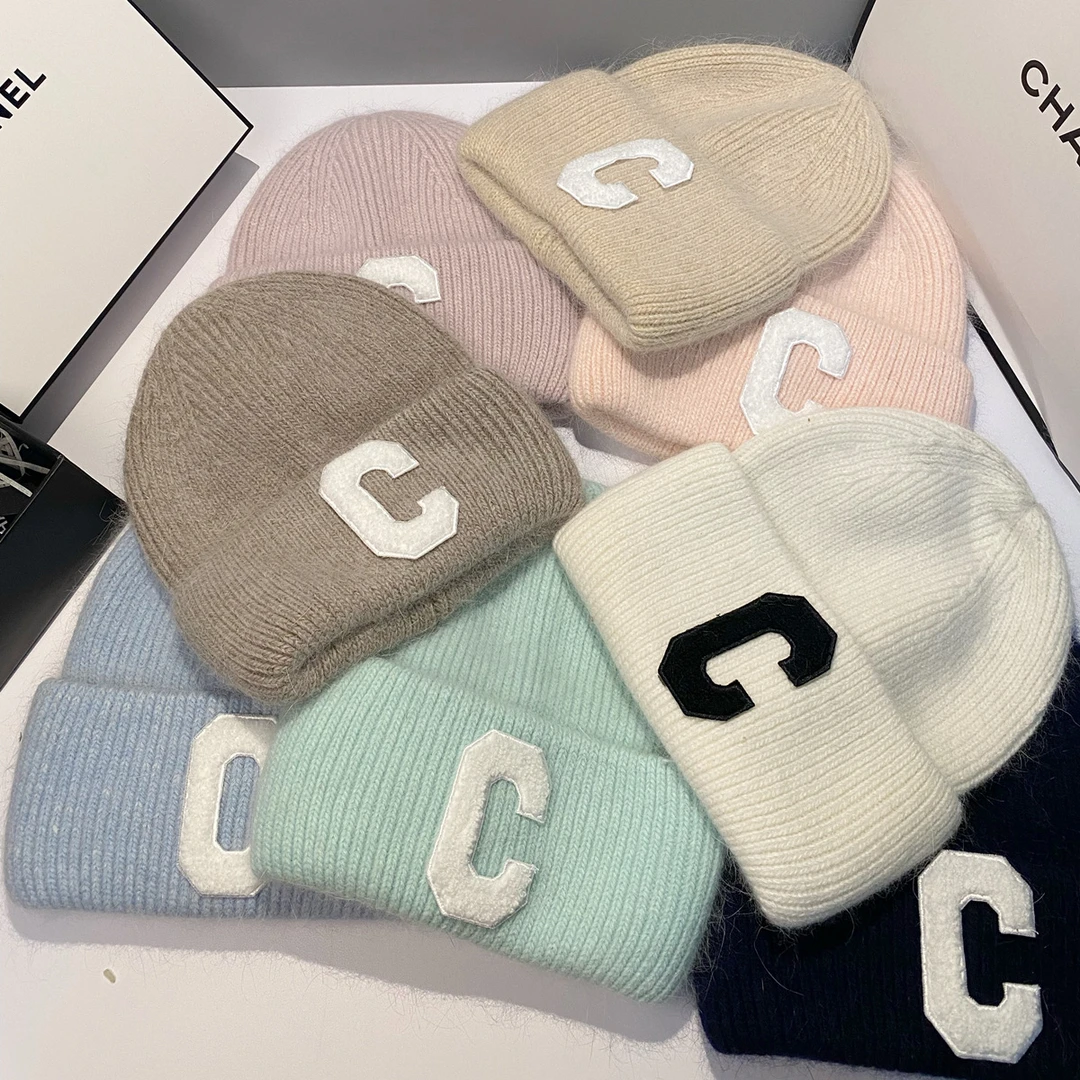 韩国ins兔毛针织帽子女秋冬款字母C保暖毛线帽纯色百搭包头帽男潮