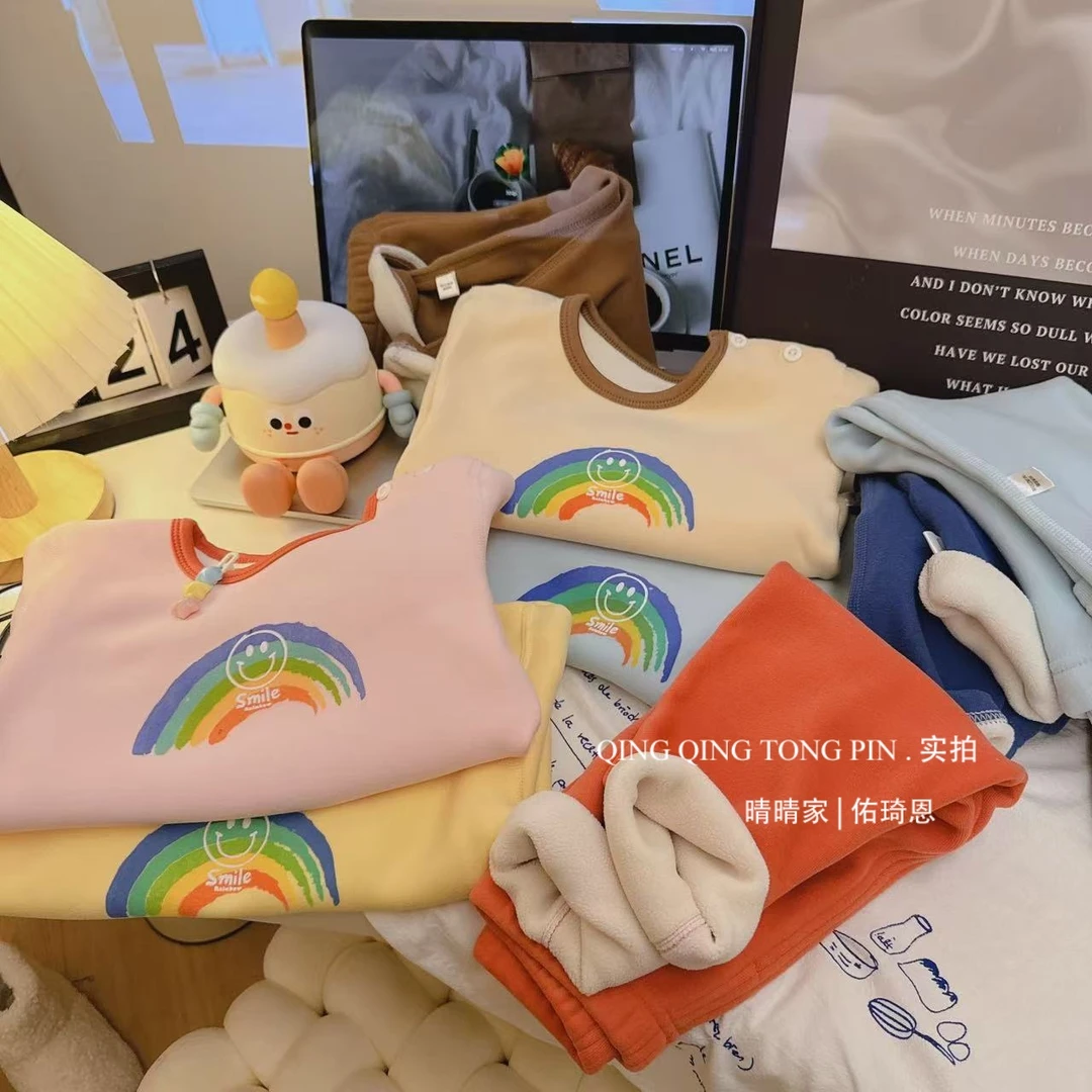 秋冬儿童无骨加绒保暖套装男童加绒加厚套装女童家居服套装保暖衣