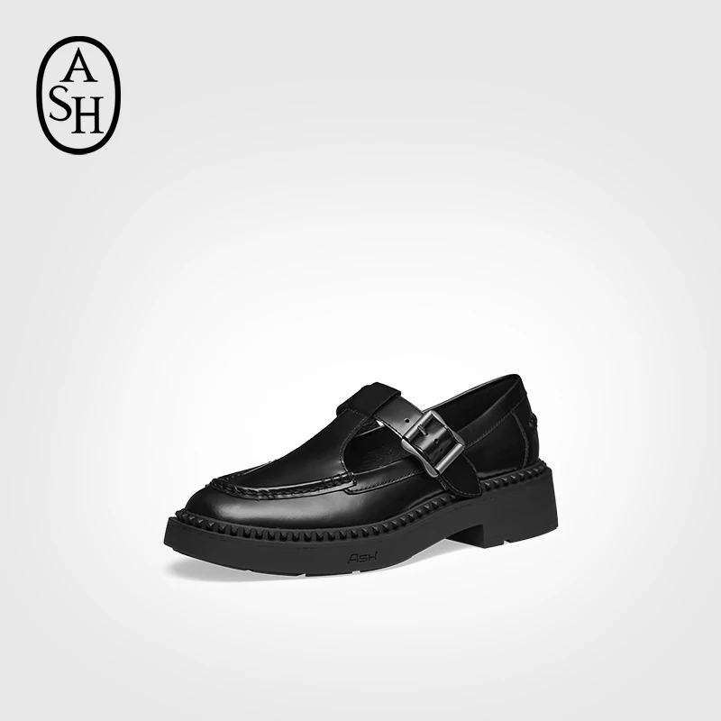 ASH女鞋春夏新款MASON粗跟镂空T字扣带复古真皮厚底乐福鞋