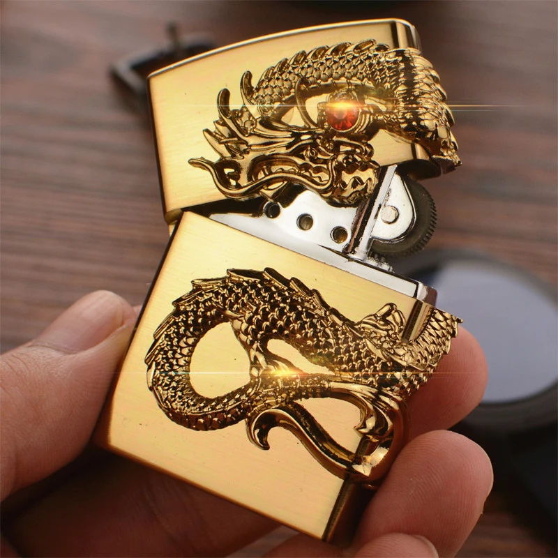 浮雕煤油打火机老式复古砂轮神龙超薄防风个性创意金属精品火石