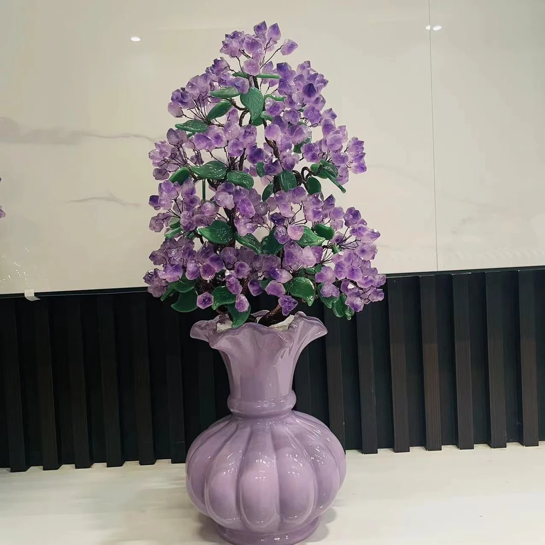 紫水晶树摆件招财树简欧式陶瓷步步高升摆件纯手工点缀精美玄关