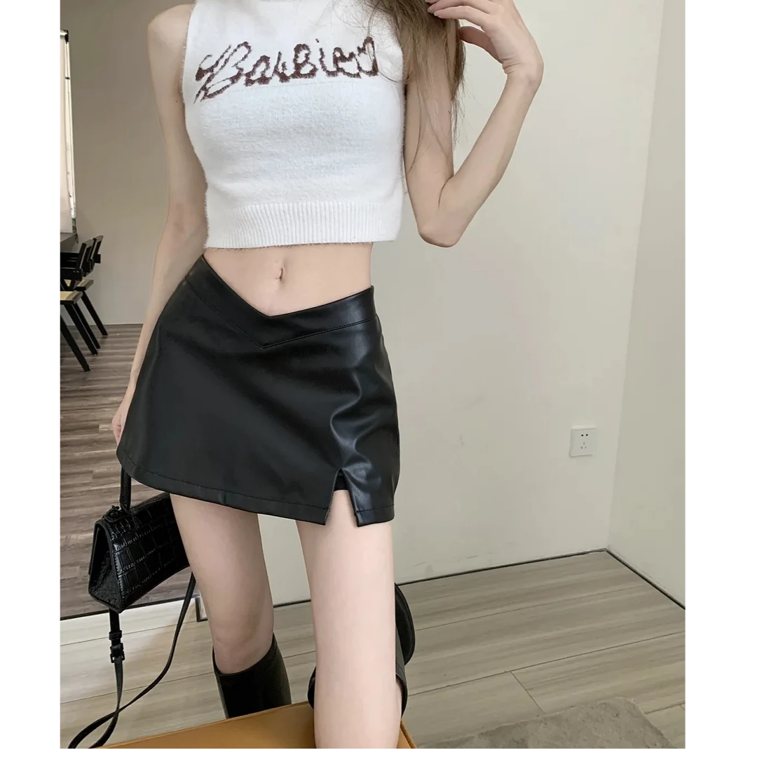 秋季开叉半裙性感a字短裙辣妹高腰显瘦包臀裙子黑色pu皮半身裙女