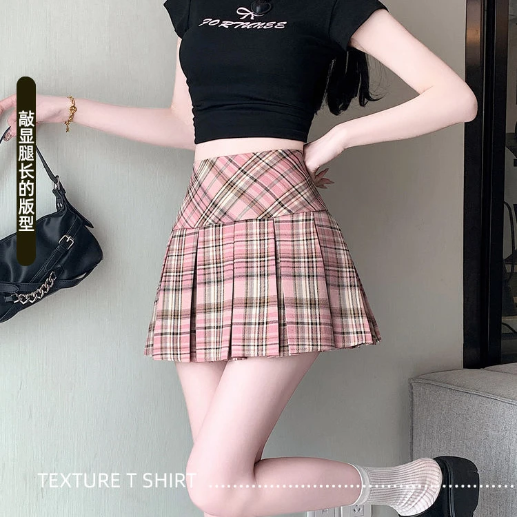 韩系甜辣粉色蓬蓬格子百褶半身裙女夏季高腰防走光显瘦a字短裙裤