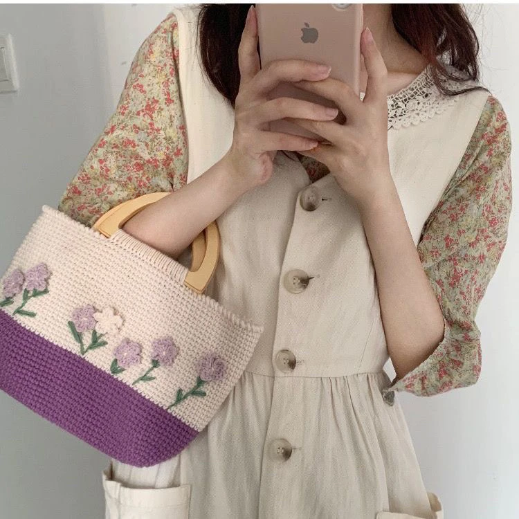 材料包！香芋紫木制手提手腕毛线编织diy材料包钩织手工自制非成品