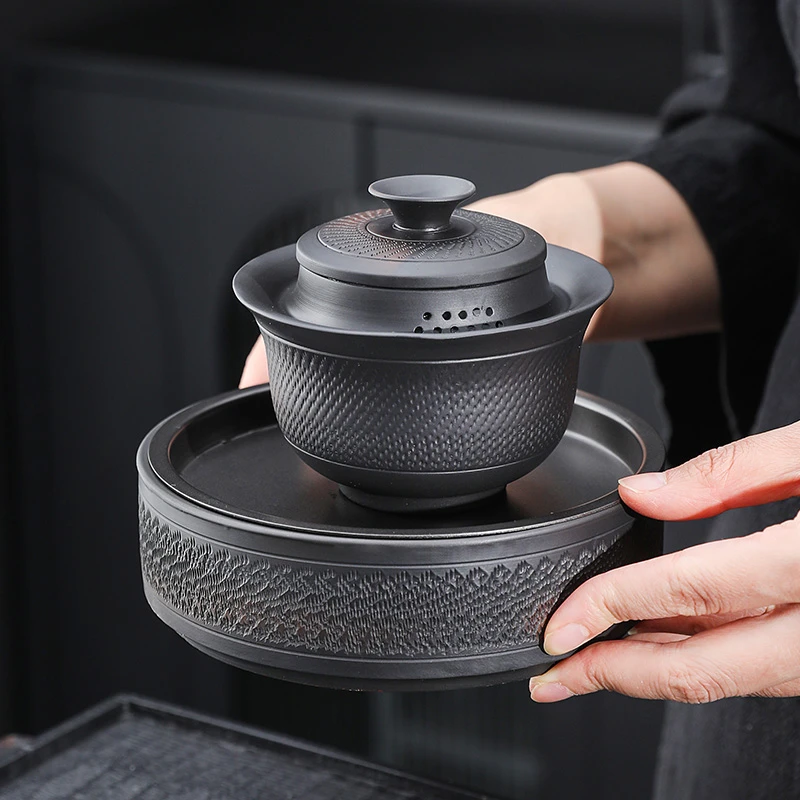 复古紫陶盖碗紫砂三才泡茶碗三泡台大容量防烫手高档功夫茶具家用