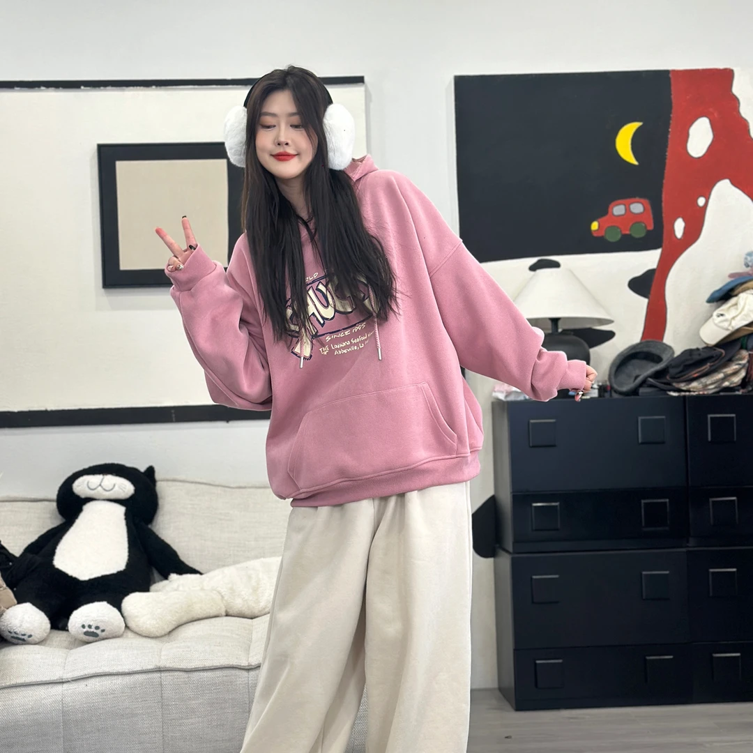 橘子罐头24新款长袖宽松休闲百搭慵懒风加绒加厚连帽印花卫衣