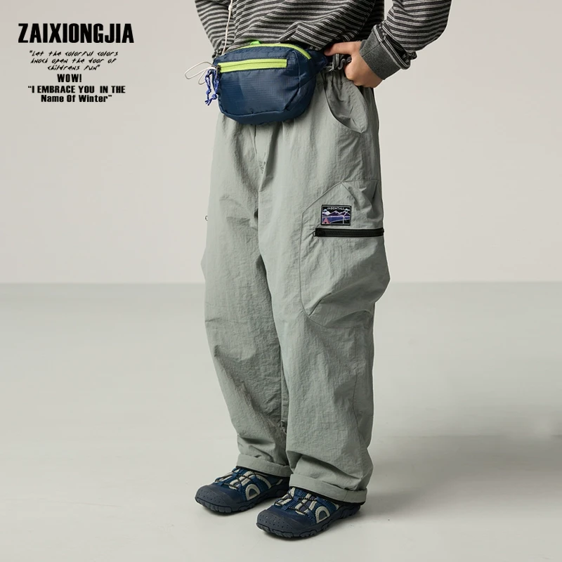 ZAIXIONGJIA灰色小标加绒长裤儿童裤子松紧腰露营风宽松舒适