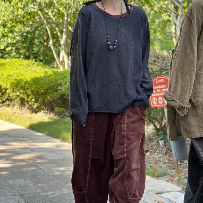 100棉复古做旧T恤229，百搭长袖打底衫女圆领 衣长63 胸116