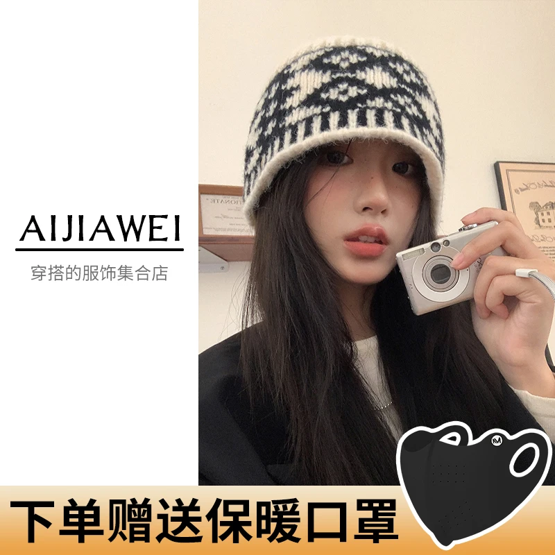 【拍一发二送保暖口罩】复古大头围毛线帽女秋冬韩版显脸小保暖冷帽