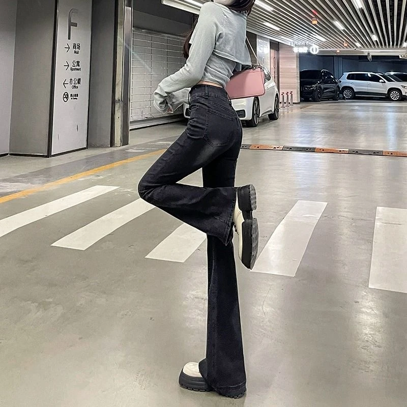黑灰色高腰微喇叭牛仔裤女2023春秋新款加长弹力修身显瘦马蹄裤子