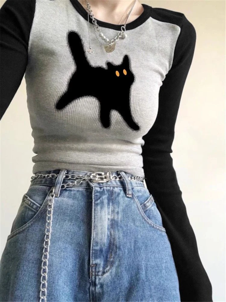 美式复古修身显瘦T恤女长袖秋季2023新款辣妹短款上衣设计感小众