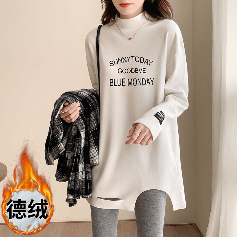 德绒半高领打底衫女秋冬洋气内搭加绒白色T恤长款磨毛加厚上衣
