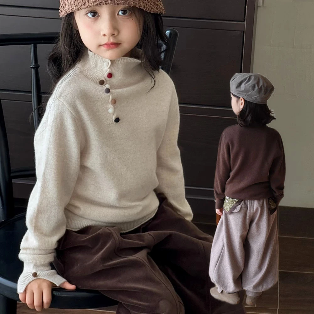 BoLa/波啦女童时尚内搭打底衫半高领毛衣2025秋冬洋气彩扣针织衫