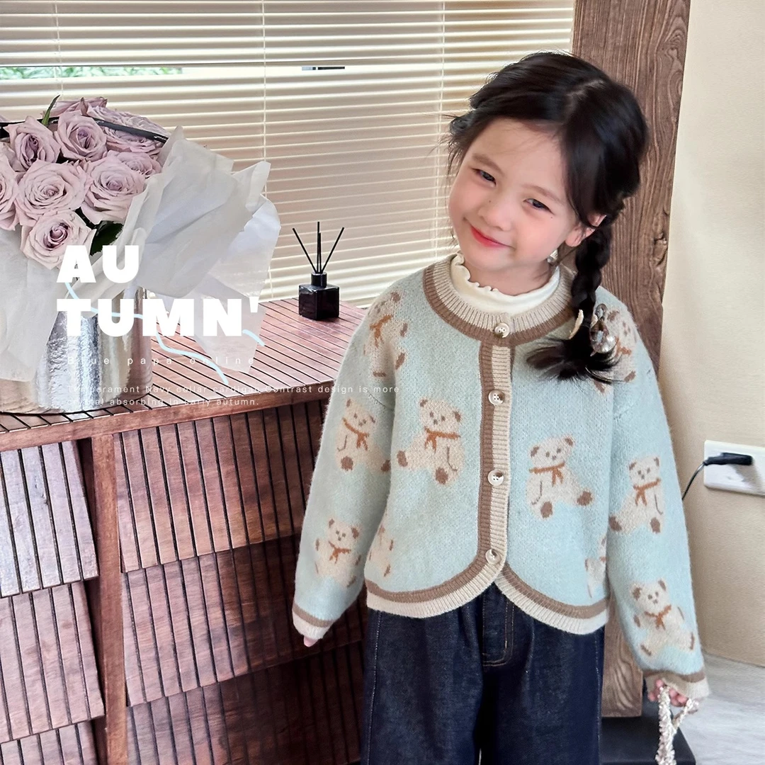 韩版女童针织开衫毛衣2025春秋新款宝宝可爱卡通提花针织上衣外套