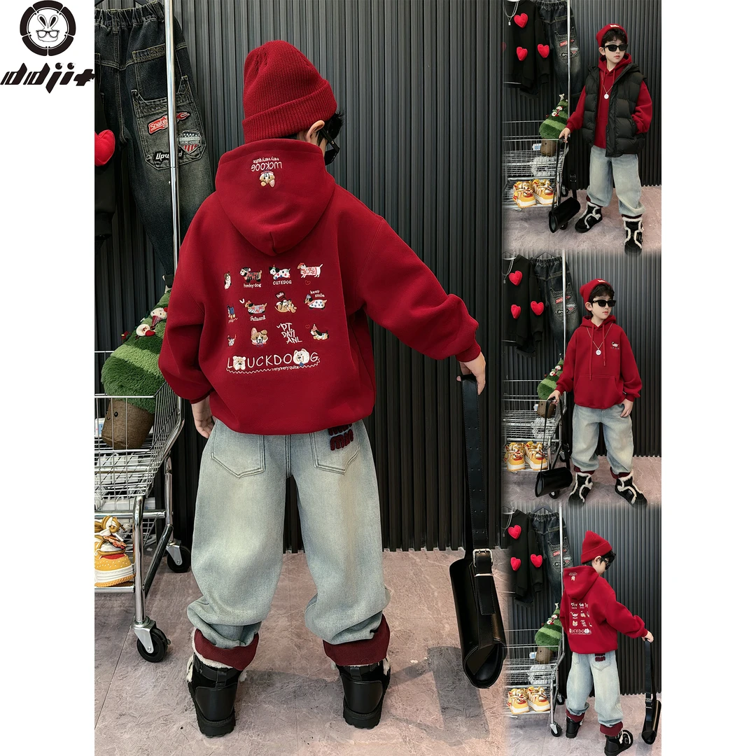 蛋蛋家【红色幸运狗卫衣】冬季新款红色幸运狗加绒连帽卫衣