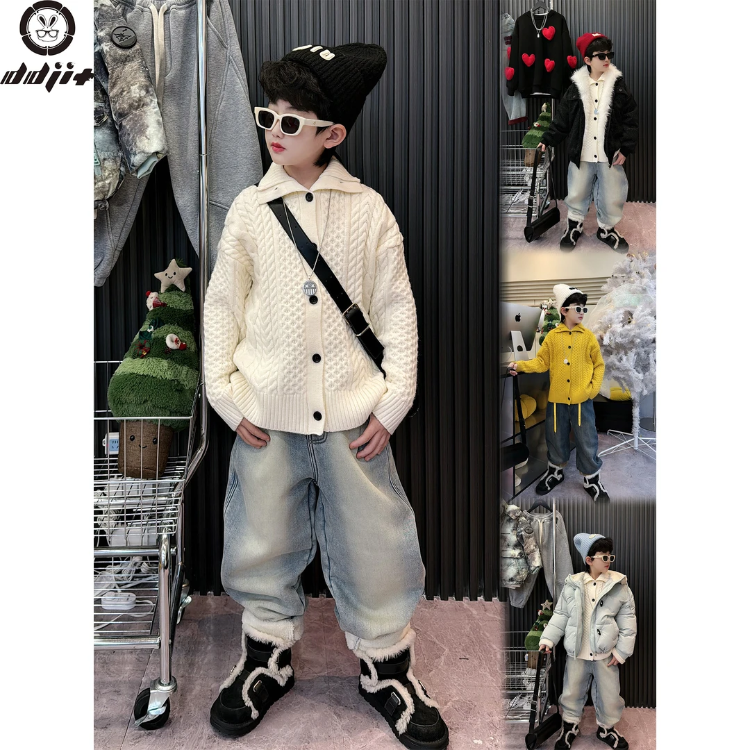 蛋蛋家【单排扣毛衣开衫】冬季新款姜黄色/白色单排扣毛衣开衫