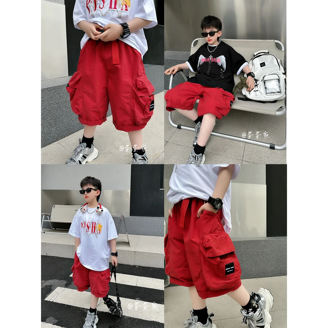 蛋蛋家【工装短裤】夏季新款儿童宽松大红色口袋工装短裤