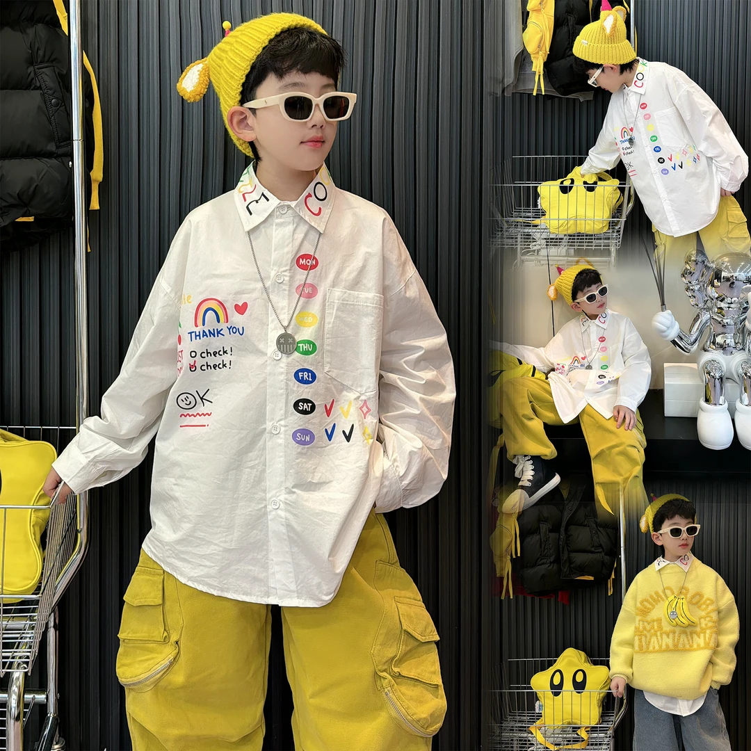 蛋蛋家【彩字母衬衣】秋季新款洋气帅气白色彩字母衬衣