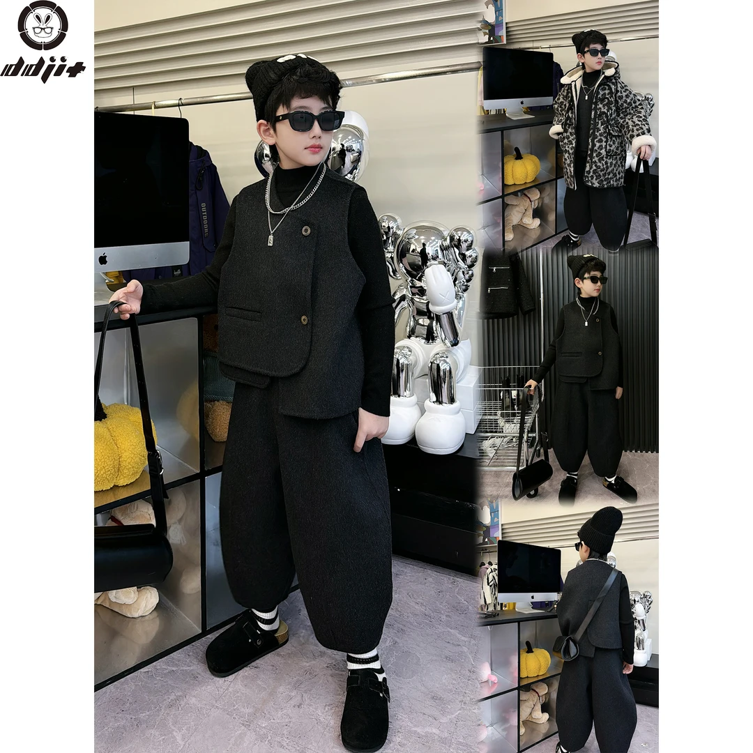 蛋蛋家【马甲+裤子两件套】冬季新款休闲黑色马甲+裤子两件套套装