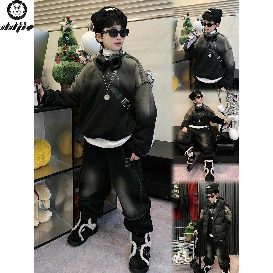 蛋蛋家【黑灰渐变套装】冬季新款休闲黑灰渐变字母加绒套装