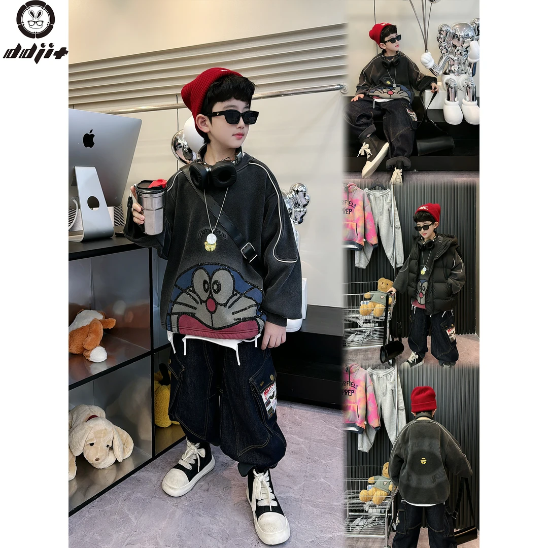 蛋蛋家【灰色卡通亮片卫衣】冬季新款洋气灰色卡通亮片加绒卫衣