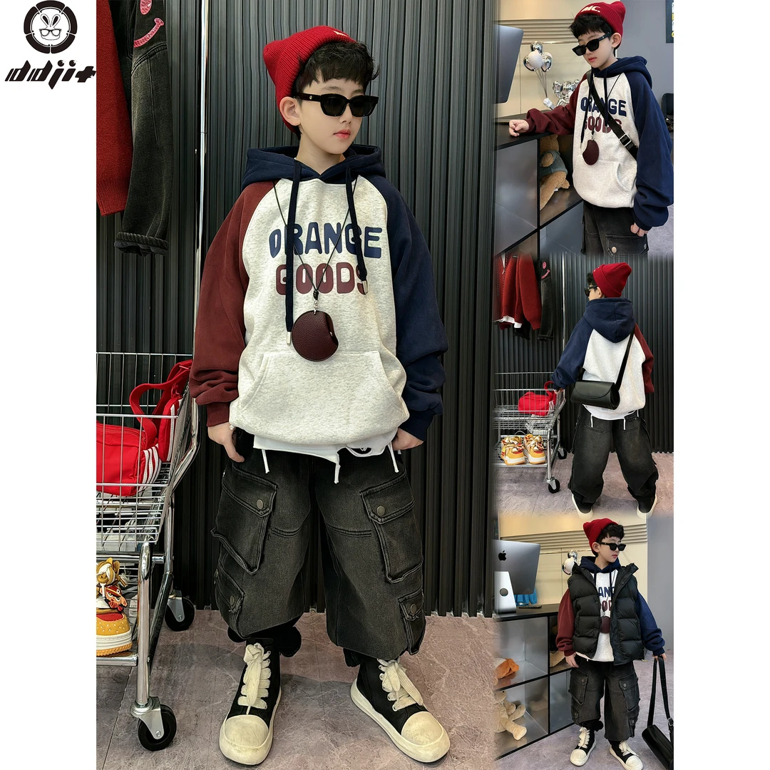 蛋蛋家【红蓝插肩袖连帽卫衣】冬季新款洋气红蓝插肩袖连帽加绒卫衣