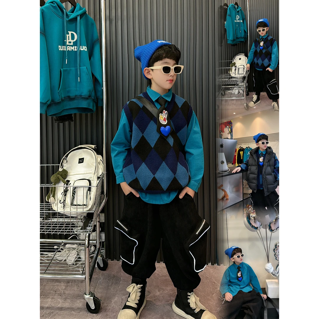 蛋蛋家【蓝色菱格毛衣马甲】秋季新款儿童蓝色菱格毛衣马甲
