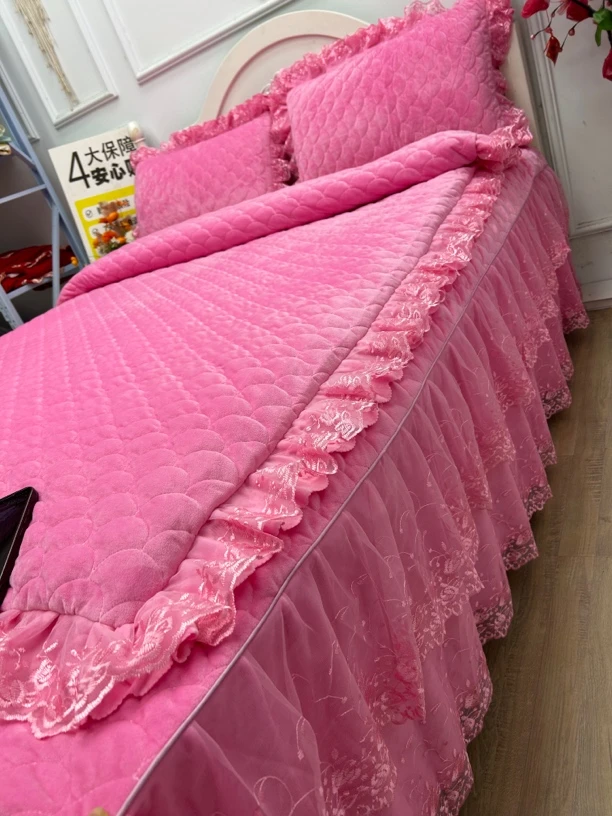 新款水晶绒宝宝绒夹棉床裙款四件套双面加绒加厚被套床上用品