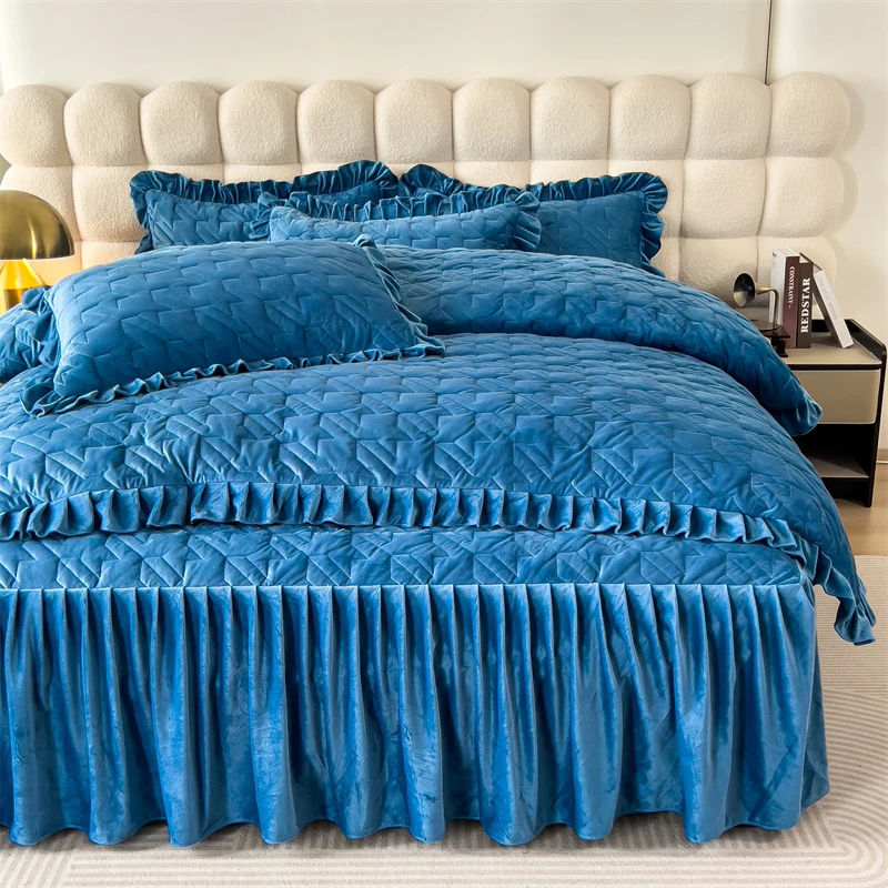 2024新款水晶绒宝宝绒双面加绒夹棉加厚绗缝床+床笠千鸟格四件套