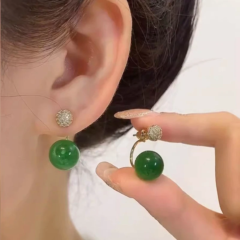 铜合金耳饰 时尚精致百搭两戴简约绿色珠珠耳钉轻奢精美气质耳环