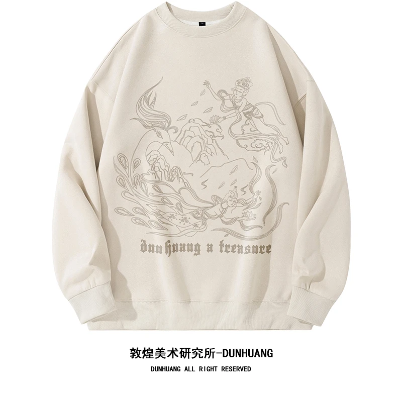 敦煌美术研究所飞天仙女烧花国潮麂皮绒卫衣男秋冬季加绒连帽外套