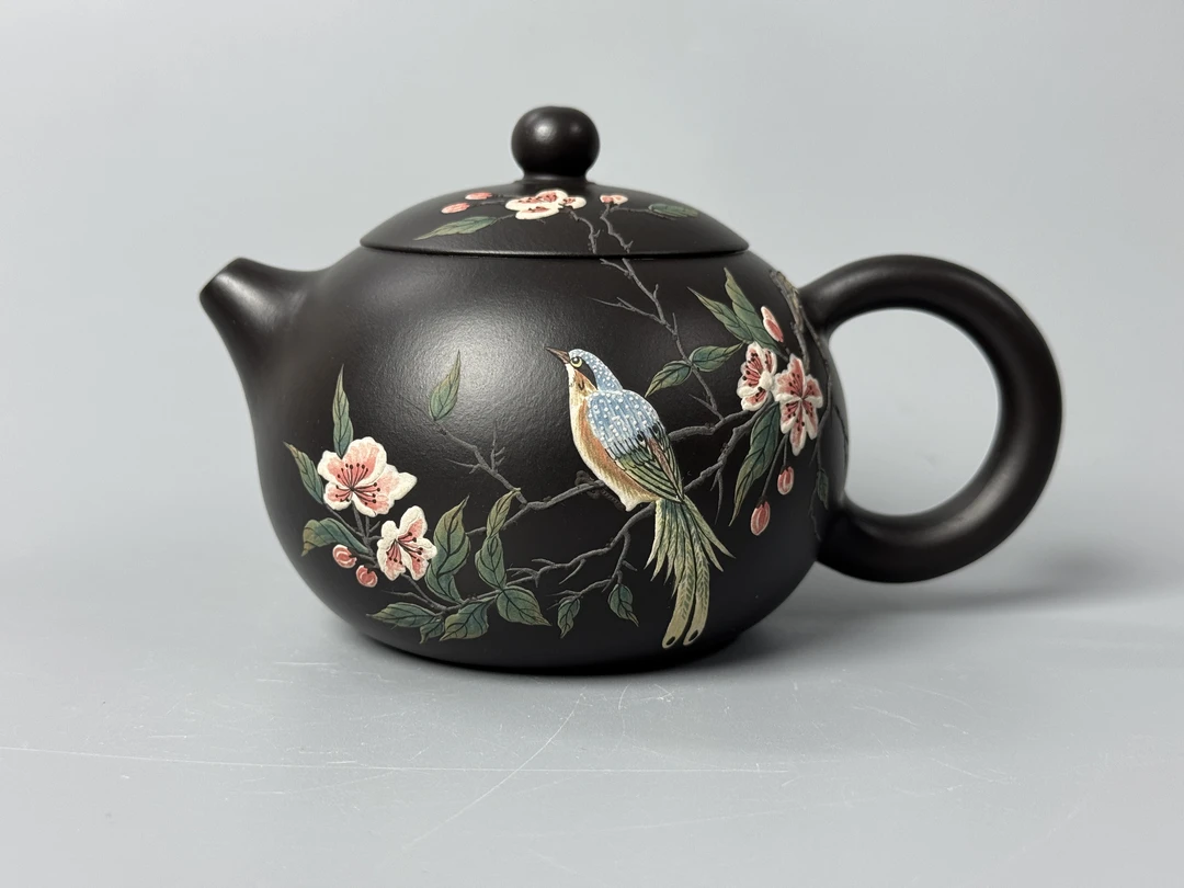 宜兴手制陶瓷紫砂西施壶朱泥还原烧手工堆绘喜上枝头容量260毫升