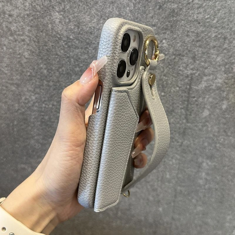 得乐苹果14手机保护壳15时尚皮质插卡护腕iphone14promax13pro创