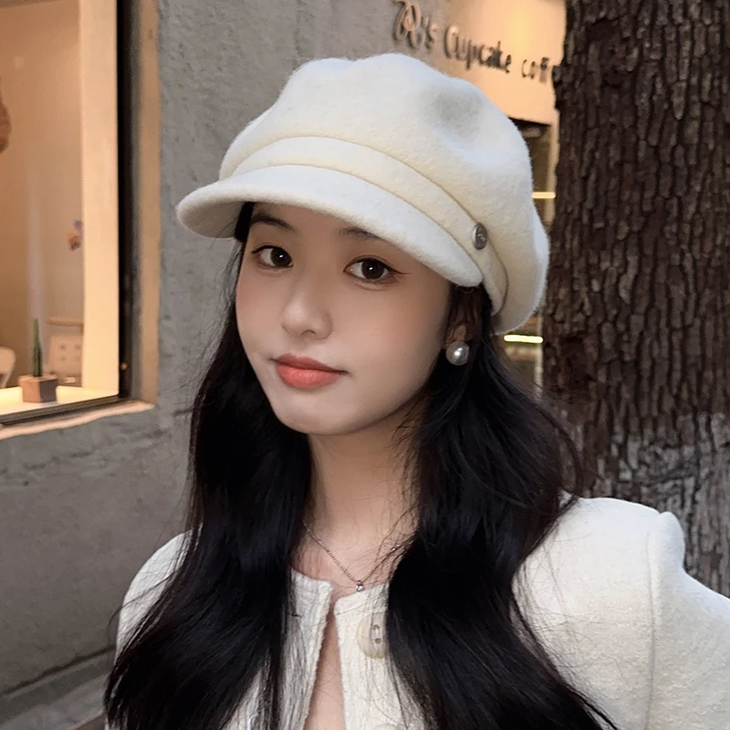 小香风白色八角帽女秋冬显脸小韩系气质羊毛画家贝雷帽百搭报童帽