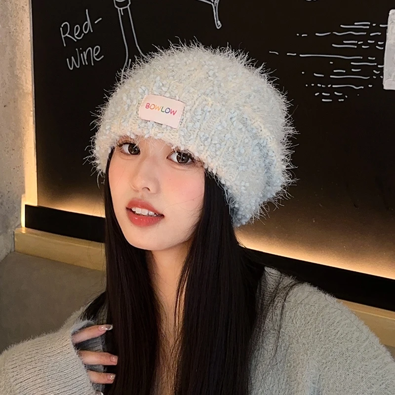 甜美可爱大头围毛绒针织毛线帽子女秋冬护耳保暖显脸小众冷帽