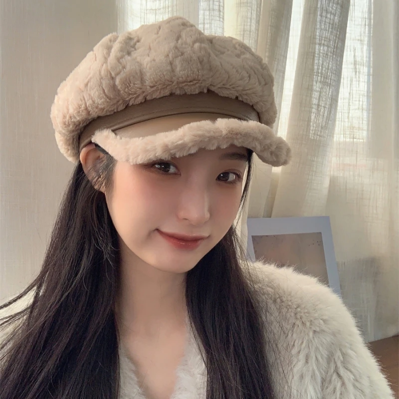 Dorain/朵澜毛绒拼接贝雷帽女日系秋冬季复古时尚甜美气质八角帽