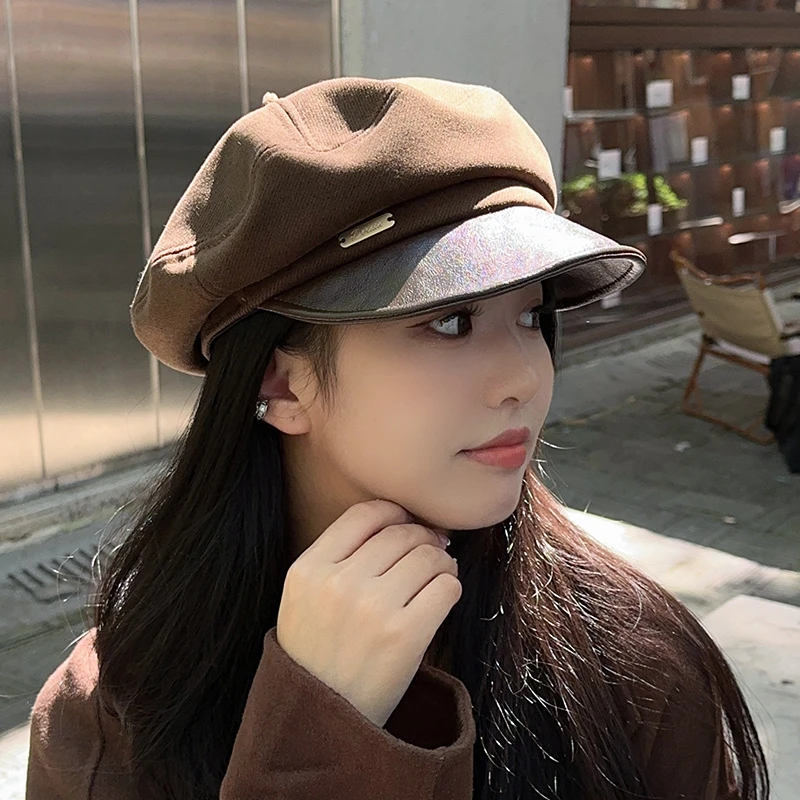 日系PU皮拼接毛呢鸭舌报童帽大头围显脸小八角帽秋冬季画家帽子女