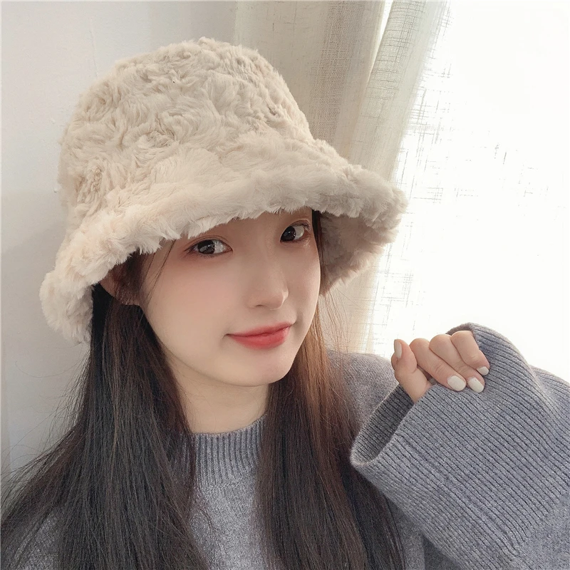 日系毛绒渔夫帽女秋冬保暖大檐百搭甜美气质淑女纯色时尚遮脸盆帽