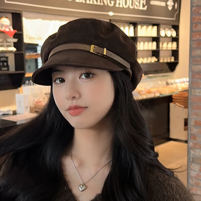 复古咖色八角帽女秋冬季显脸小贝雷帽韩版ins潮黑色女士鸭舌帽子