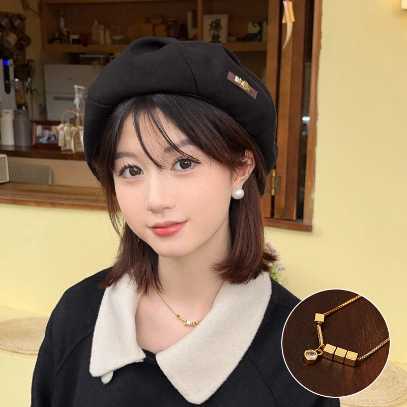 铜合金项链 金色小方块造型锆石项链女通勤风复古时尚设计礼盒