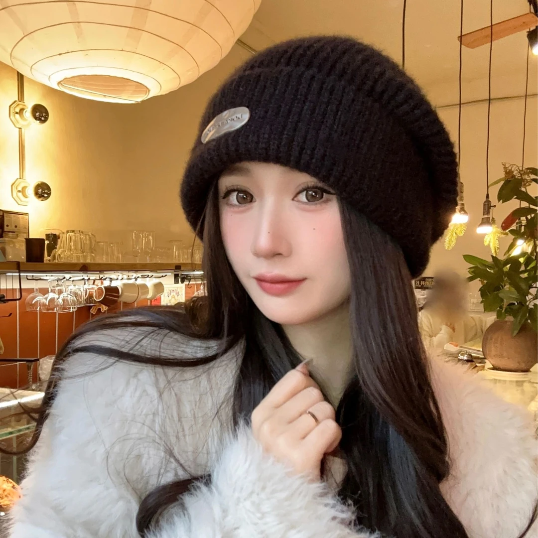 秋冬季毛线堆堆帽女加厚大头围百搭休闲冷帽保暖帽子护耳针织帽子