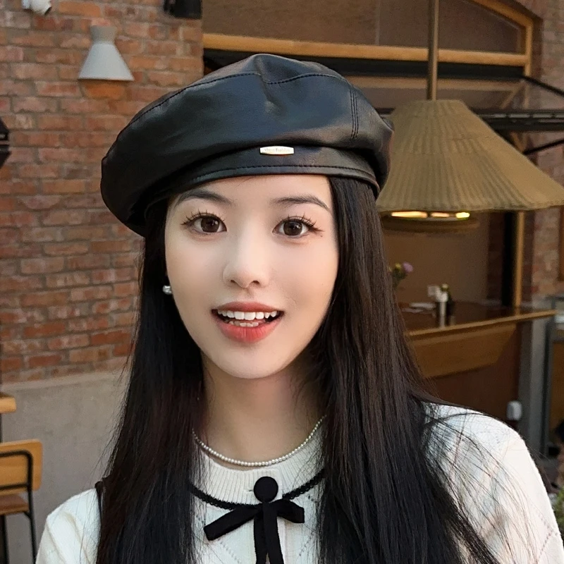 PU皮质贝雷帽女帽子秋冬复古英伦百搭文艺画家帽港风南瓜帽八角帽