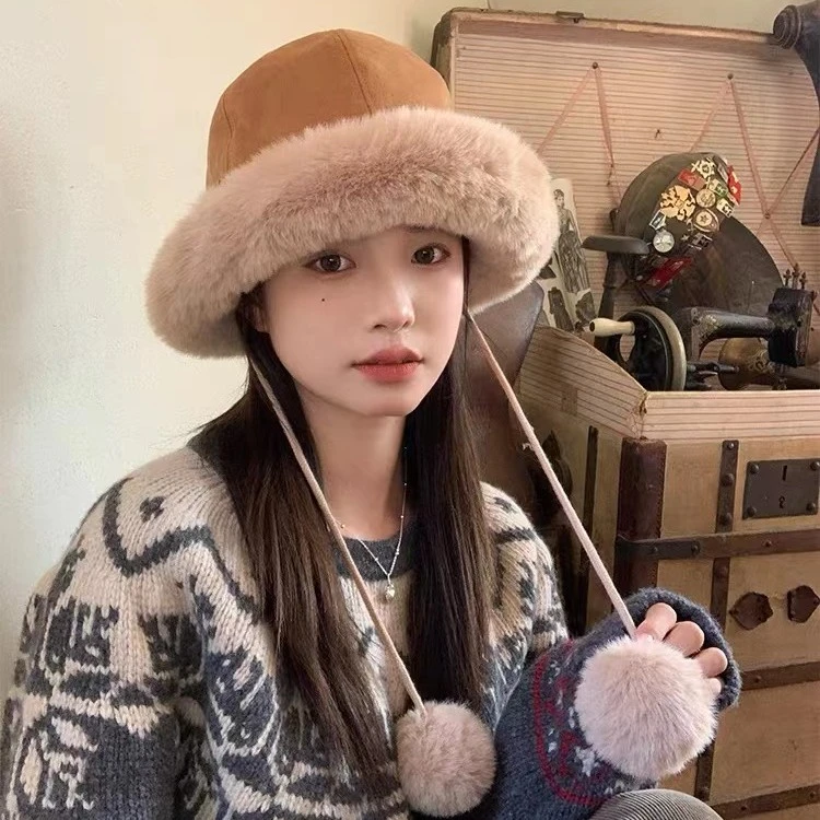 毛绒渔夫帽子女冬季户外东北帽加绒加厚保暖护耳滑雪骑车出行帽子