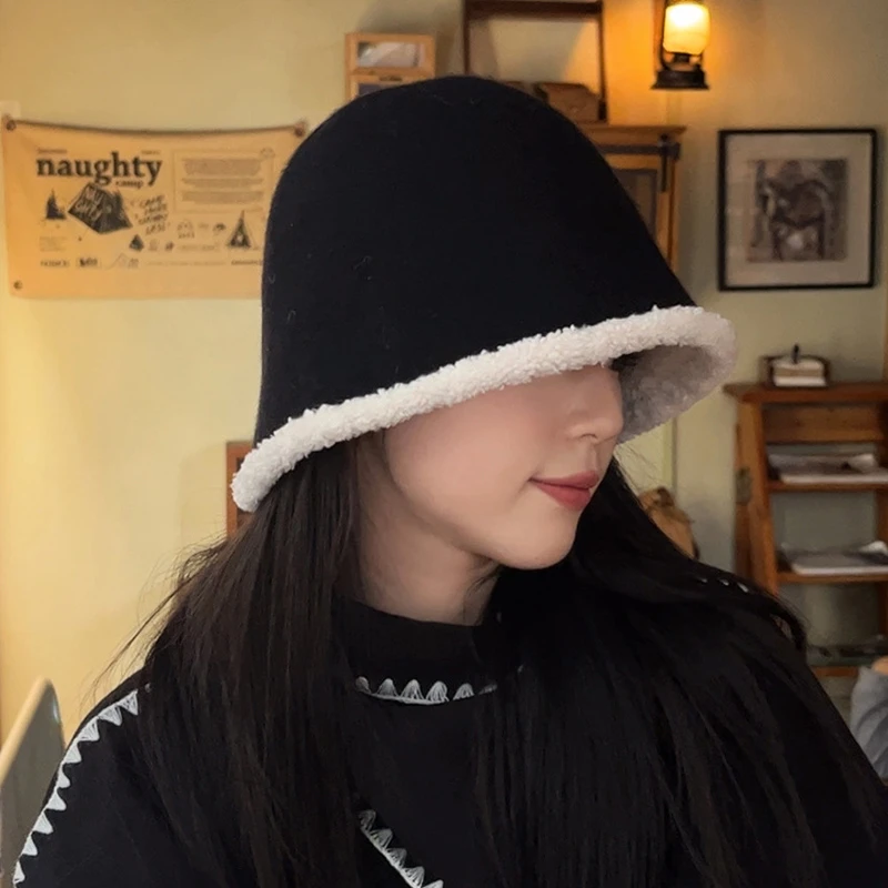 2024新款羊毛呢渔夫帽子女秋冬季百搭显脸小可爱加绒保暖水桶帽