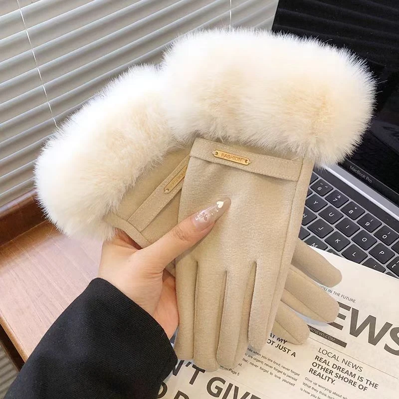 高级感毛绒手套女冬季加绒加厚保暖防寒骑行电动车德绒手套可触屏