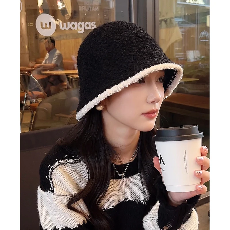 朵澜 帽子女秋冬黑色针织渔夫帽女款ins显脸小保暖护耳盆帽大头围